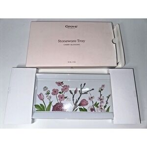 Grove Collaborative Stoneware‎ Pink Cherry Blossom on White Vanity Tray 10"x5"